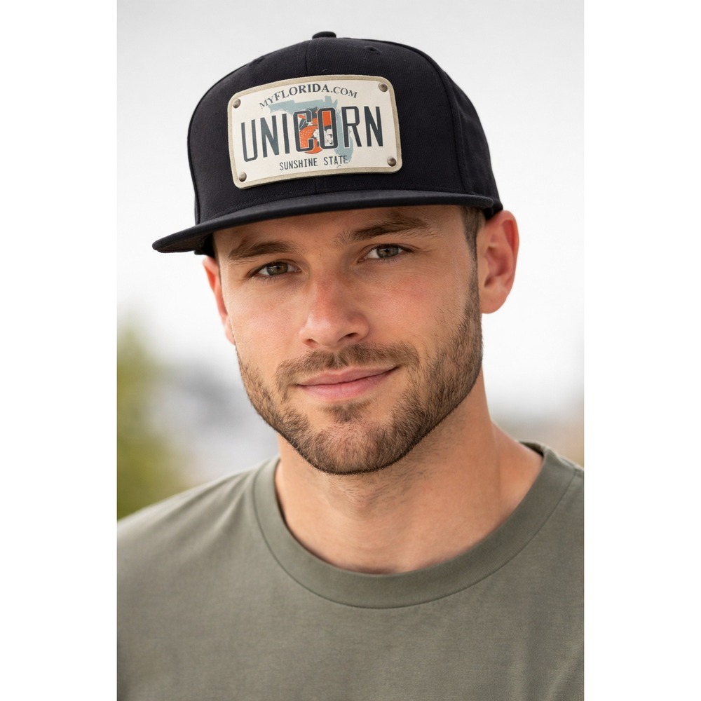 CityLocs Florida Plate Leather Patch Unicorn Black‎ Fitted Hat Streetwear Unisex